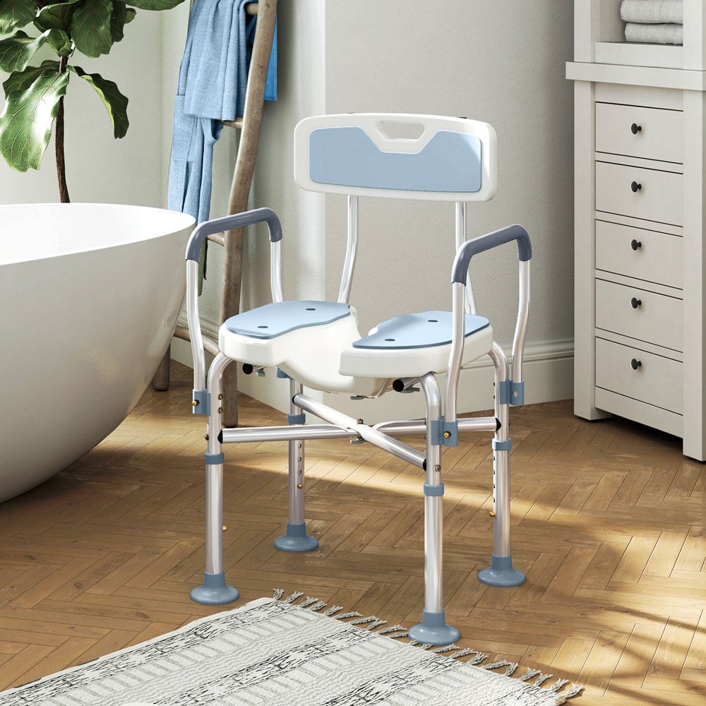 HOMCOM Light Blue Adjustable Padded Bath Chair with Slotted Seat Image 2