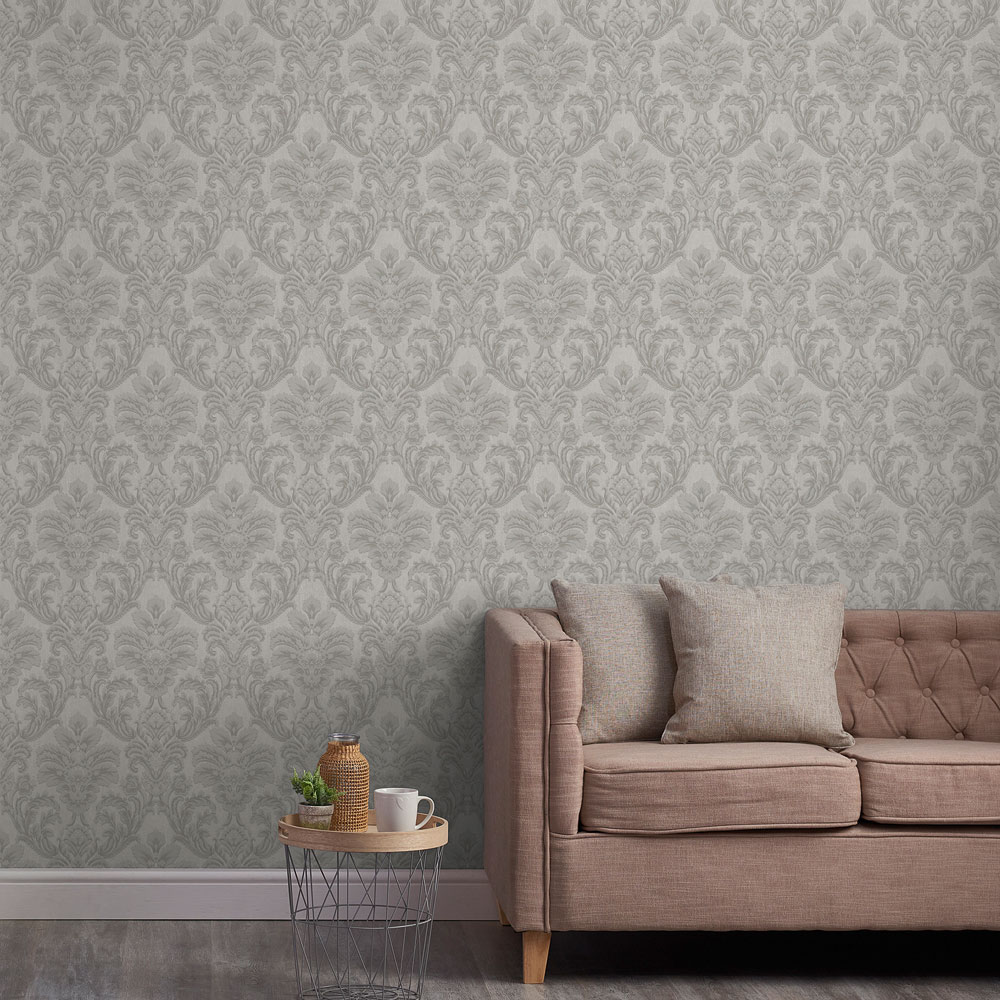 Grandeco Atessa Luxury Embossed Damask Silver Wallpaper Image 3