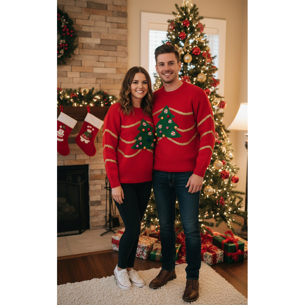 Noel Square Tree Crew Neck Xmas Jumper Small Red Image 3