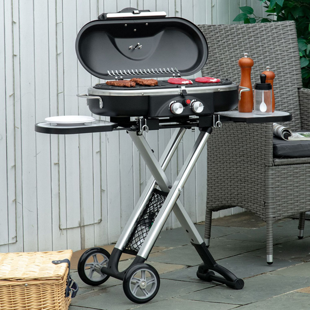 Outsunny Black Foldable Gas BBQ Grill with Extended Tables and Wheels Image 2