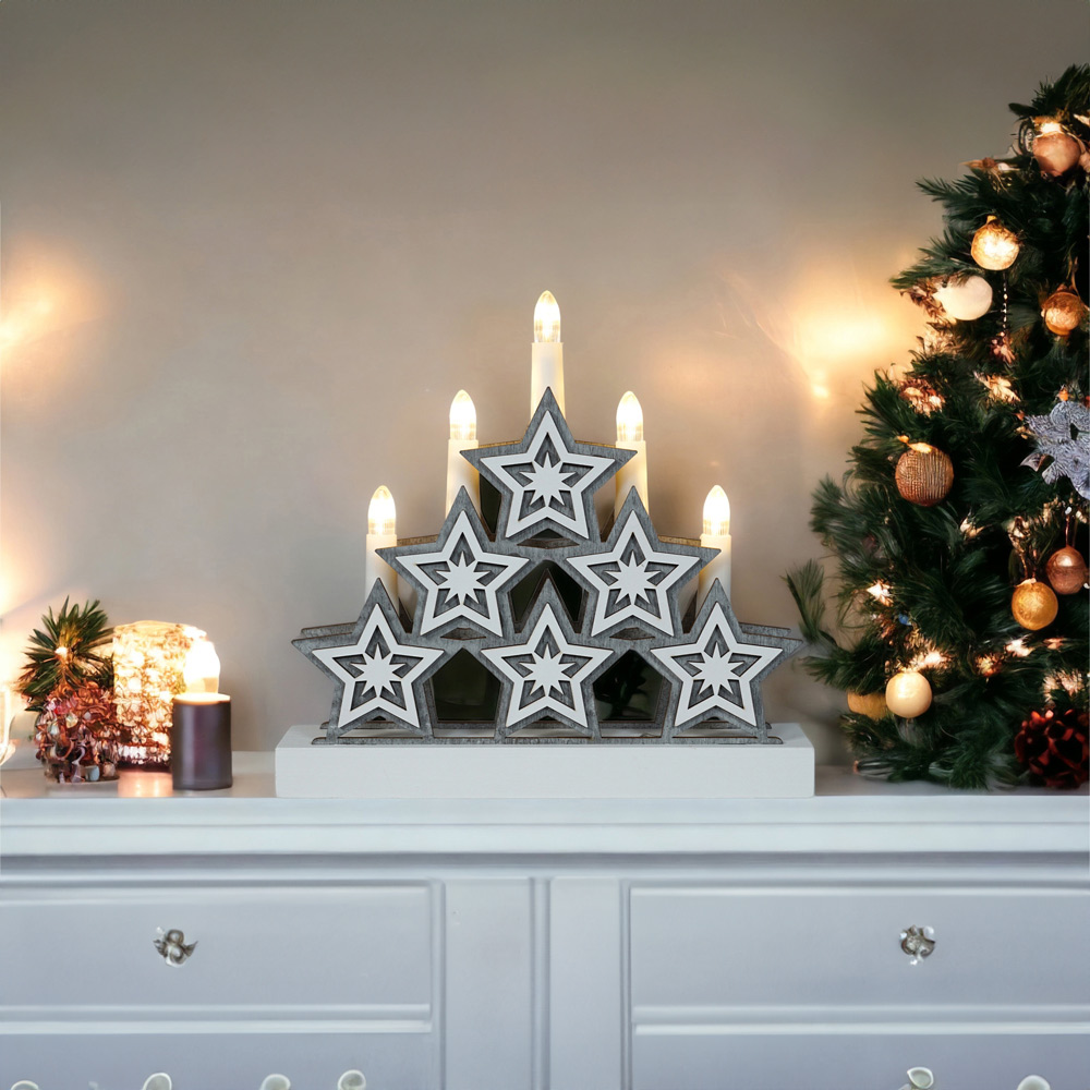 Xmas Haus White LED Light-Up Wooden Christmas Candle Arch with Stars Image 1
