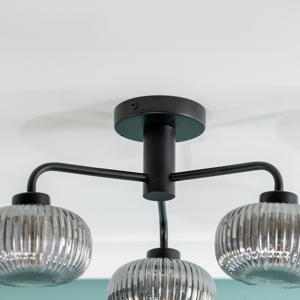 ValueLights Amaia Matt Black 3 Way Smoked Ribbed Glass LED Ceiling Light Image 4