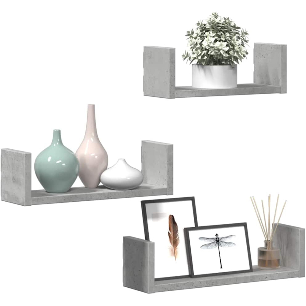 vidaXL Set of 3 Concrete Grey Floating Wall Shelf Image 2