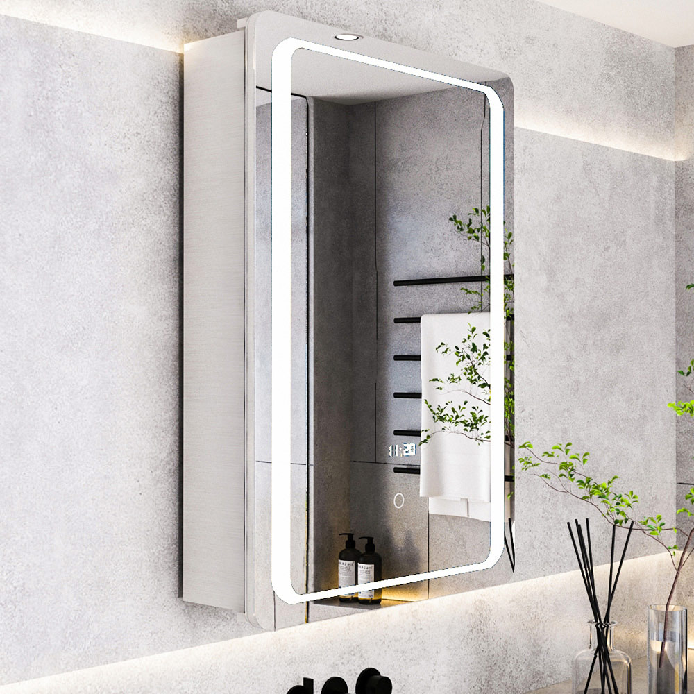 Living and Home White LED Mirror Bathroom Cabinet with Electronic Clock Image 7