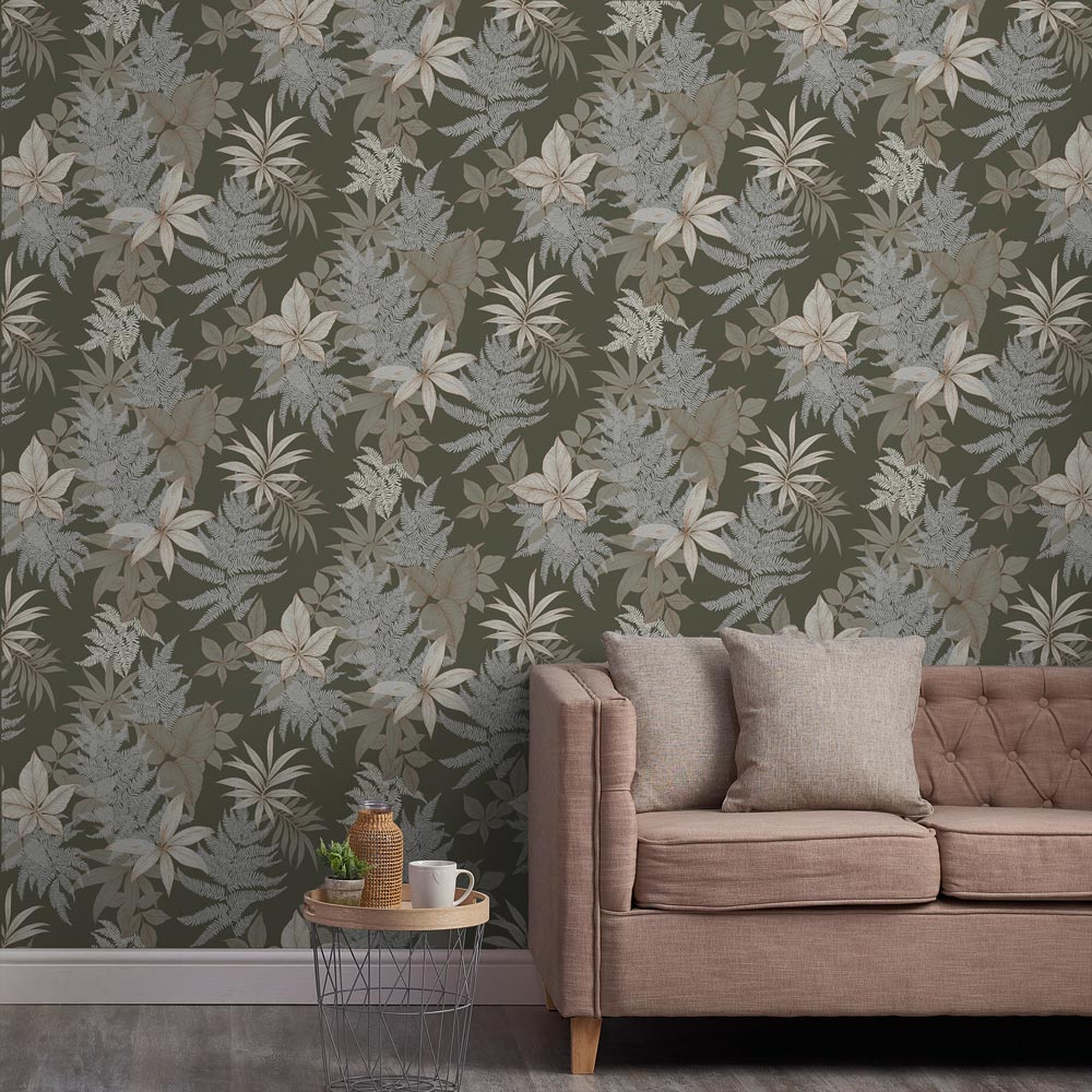 Grandeco Floral Field Fern Khaki Green Textured Wallpaper Image 3