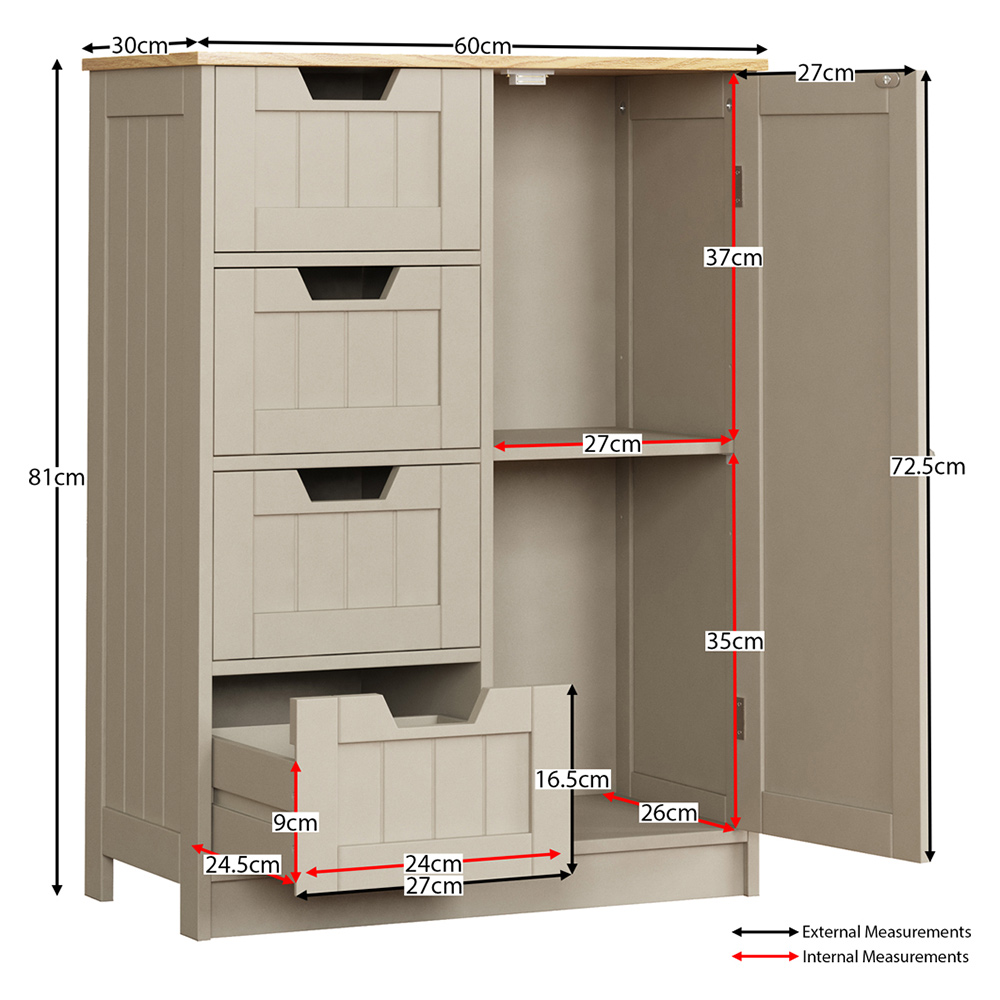 Lassic Bath Vida Priano Grey 4 Drawer Single Door Floor Cabinet Image 8