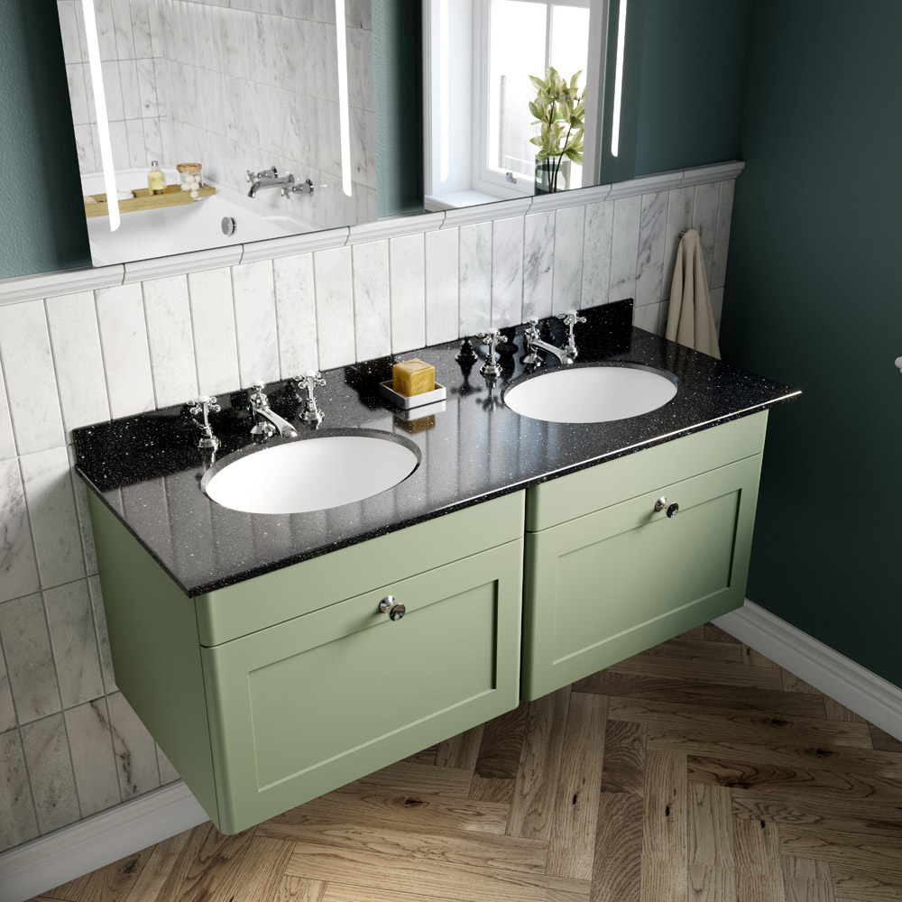 nuie Classique 2 Drawer Satin Green and Black Wall Hung Unit and 3 Tap Hole Marble Basin 1200mm Image 2