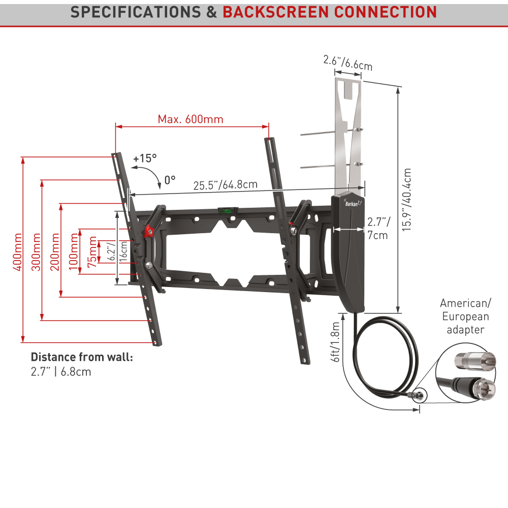 Barkan 19 to 83 inch TV Wall Mount Bracket with Integrated HDTV Antenna Image 3