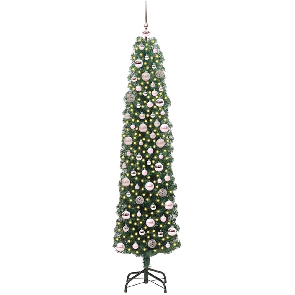vidaXL Green Artificial Christmas Tree with LEDs Pink Decoration Ornaments 6ft Image 1