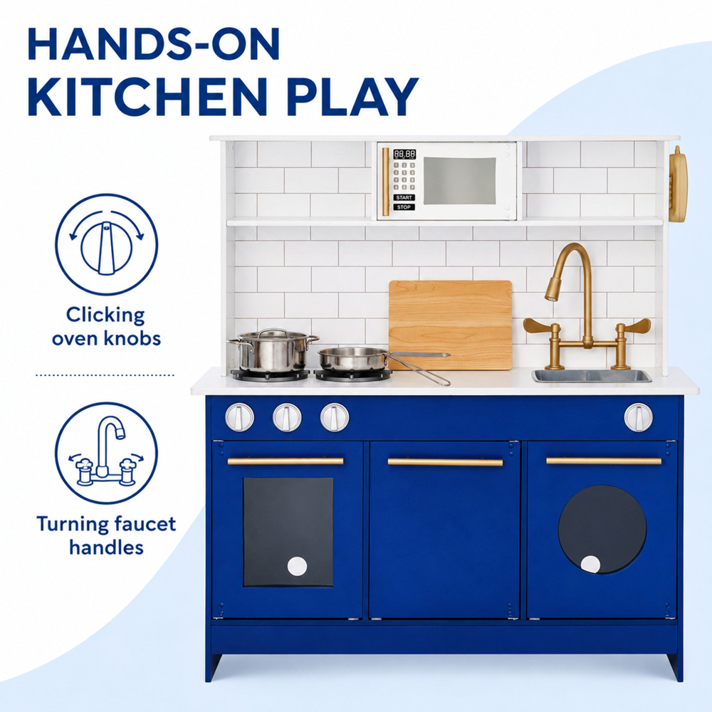 Teamson Kids Little Chef Berlin Blue and White Modern Play Kitchen Set with Gold Hardware Image 5