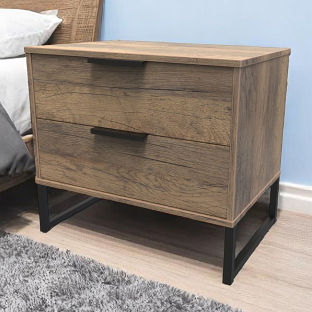 Crowndale Hong Kong 2 Drawer Vintage Oak Side Table Ready Assembled Image 1