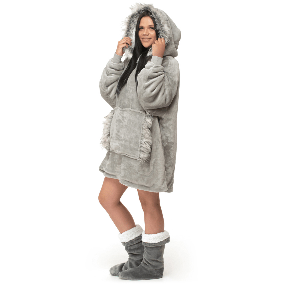 Velosso Fur Trim Hoodie Oversize Grey Image 1