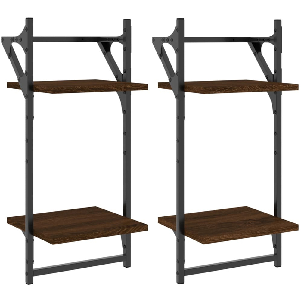 vidaXL Set of 2 2 Shelf Smoked Oak Floating Wall Shelf with Bar Image 1