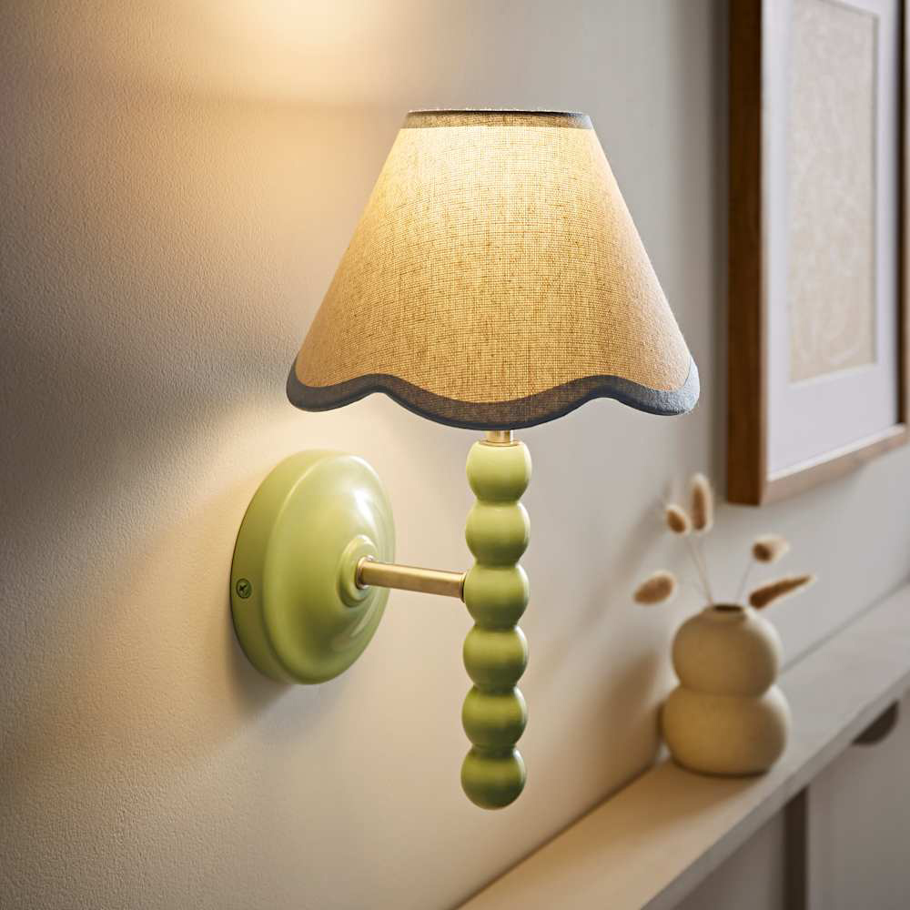 ValueLights Blue Trim Scallop Shade Green Bobbin LED Wall Light with Bulb Image 3