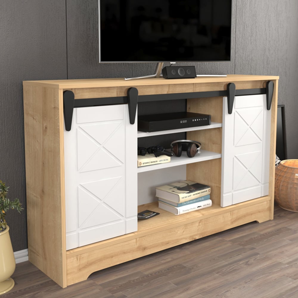 Decorotika Nisay 2 Door 3 Shelf Oak and White TV Unit Image 1