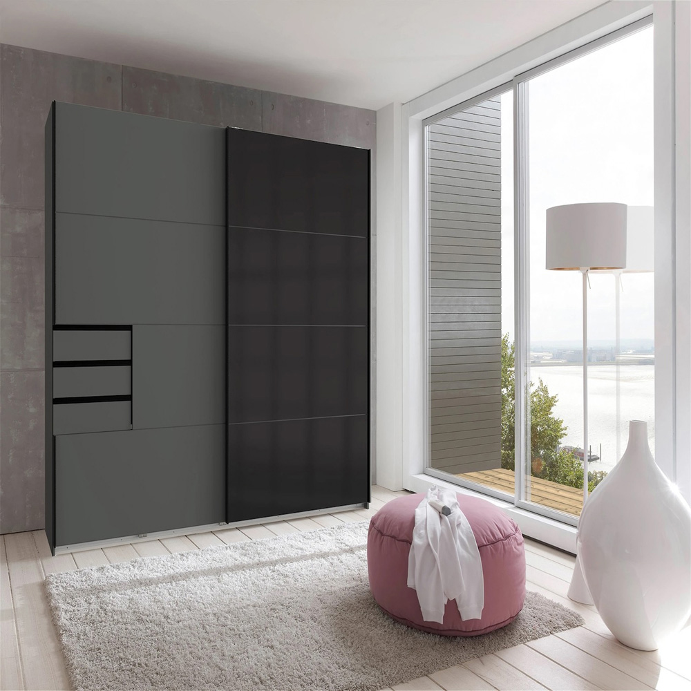 TJ'S Saigon Single Sliding Glass Door 3 Drawer Graphite Black Wardrobe Image 5