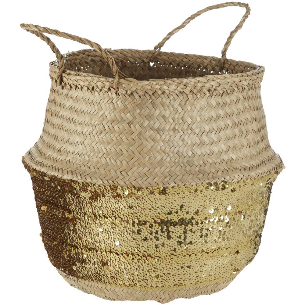 Premier Housewares Gold Sequin and Natural Large Seagrass Basket Image 2