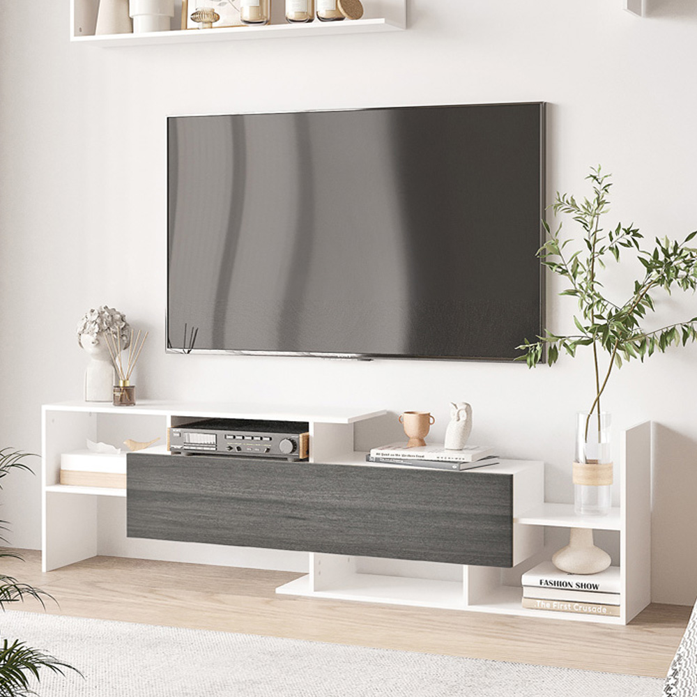 Portland Single Door White and Grey TV Cabinet with Wall Shelf Image 1