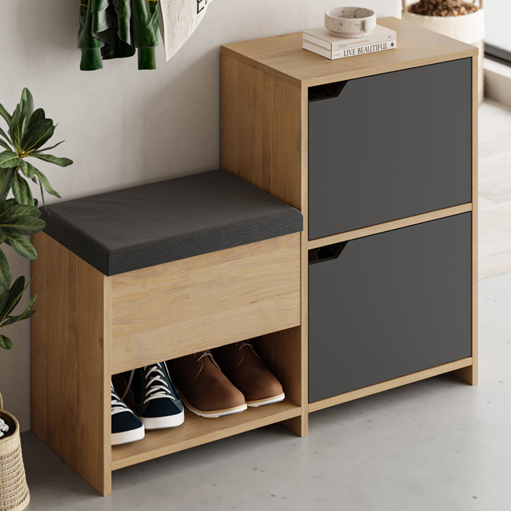 Decortie Haven 2 Door Single Shelf Anthracite Grey Oak Modern Shoe Storage Bench with Compartment Image 1