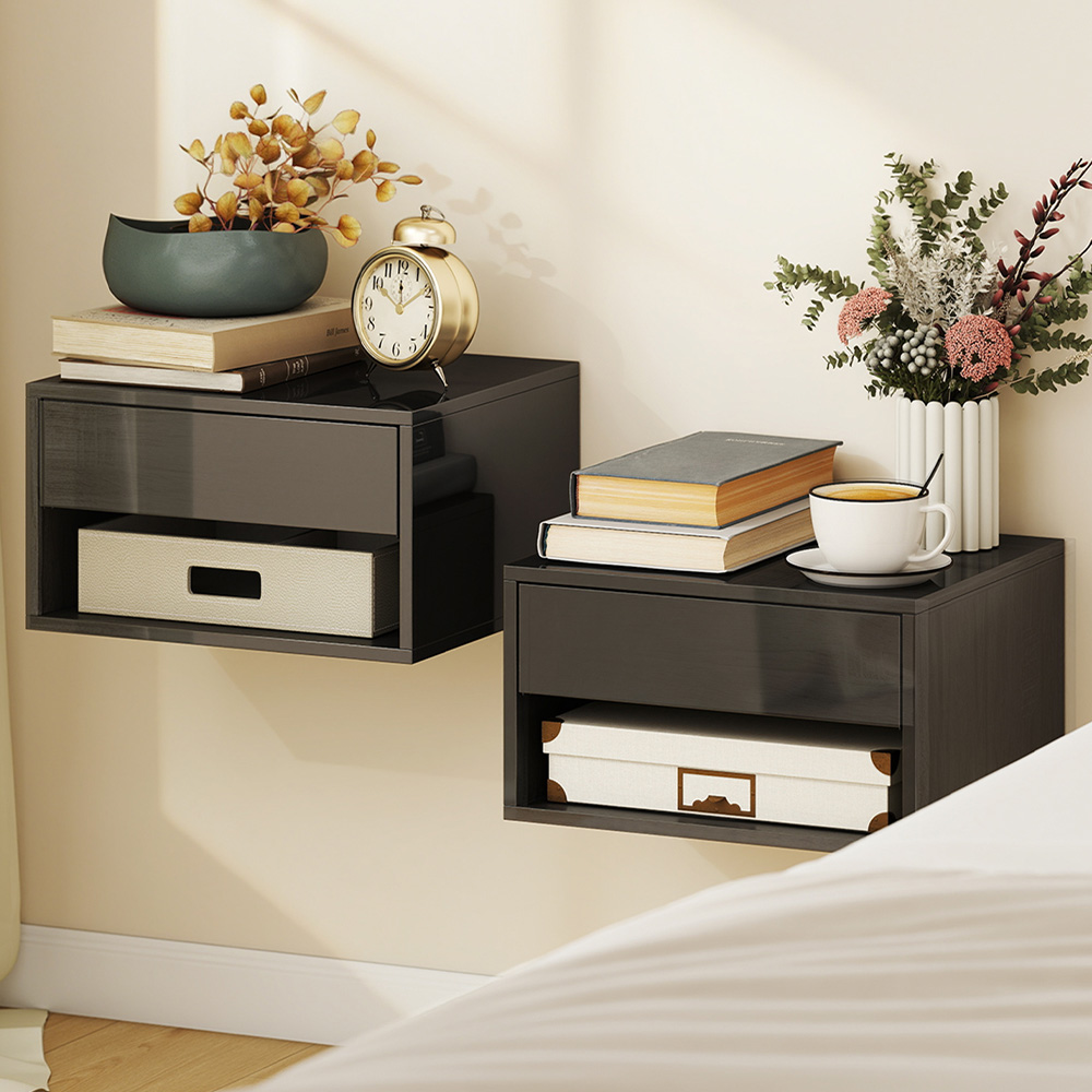 Portland Single Drawer Single Shelf High Gloss Black Floating Nightstand Set of 2 Image 1
