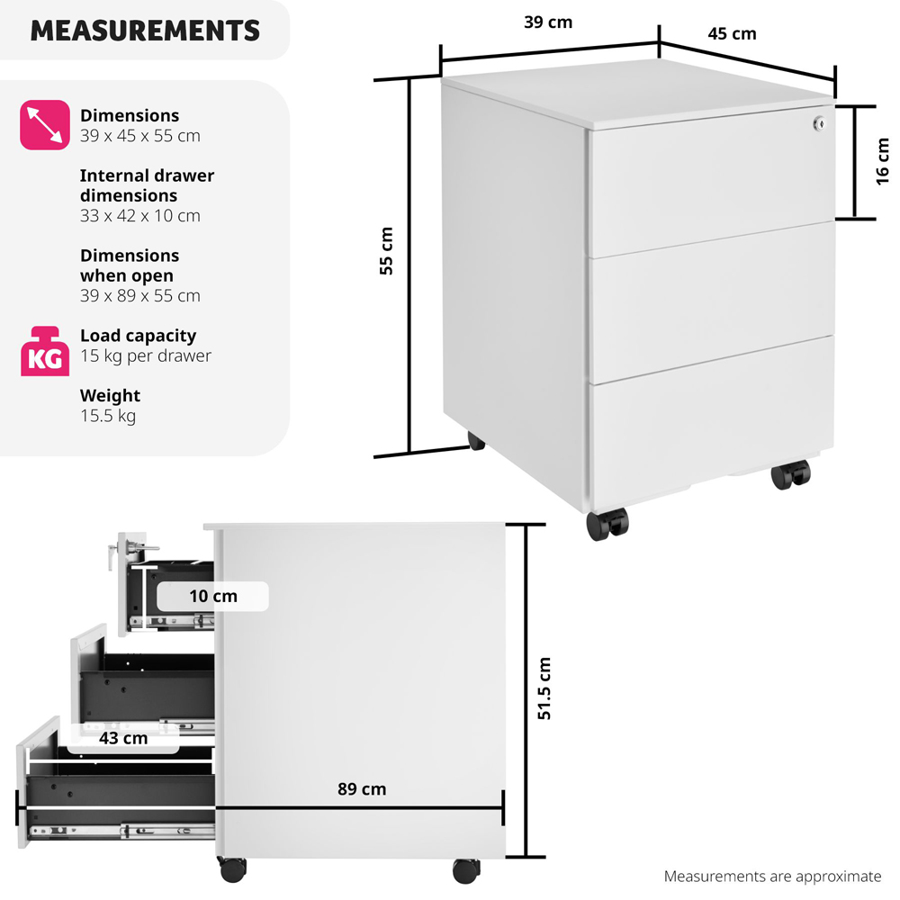 tectake Magna 3 Drawers White Lockable Chest of Drawers Image 9