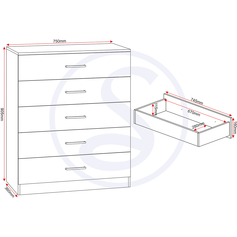 Seconique Dakota 5 Drawer White Storage Chest Image 9