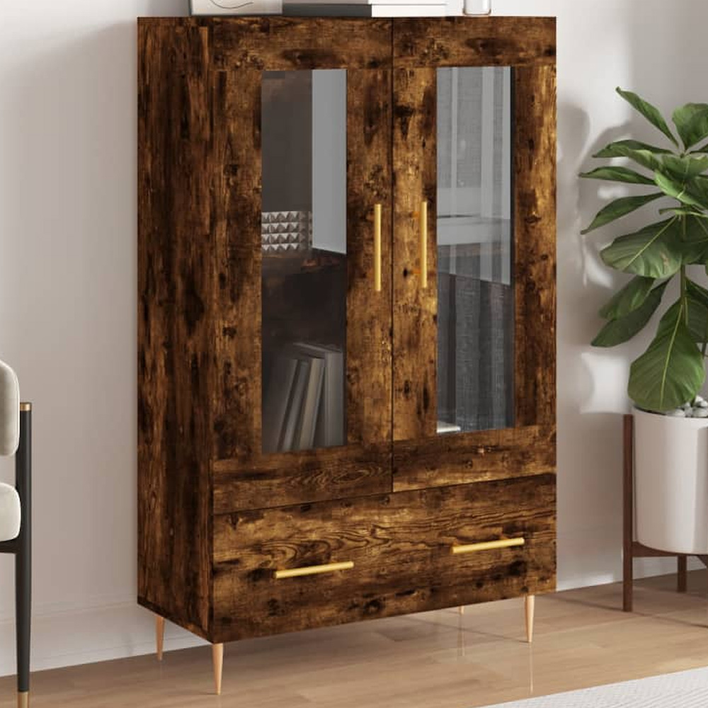 vidaXL 2 Glass Door Single Drawer Smoked Oak Highboard Image 1
