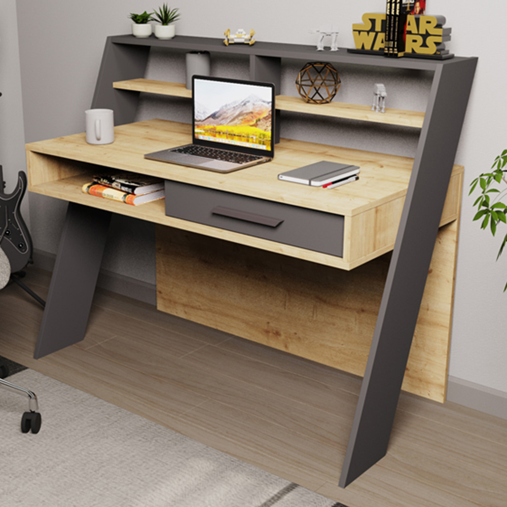 Decorotika Soho Single Drawer 5 Shelf Computer Desk Oak and Anthracite Image 1