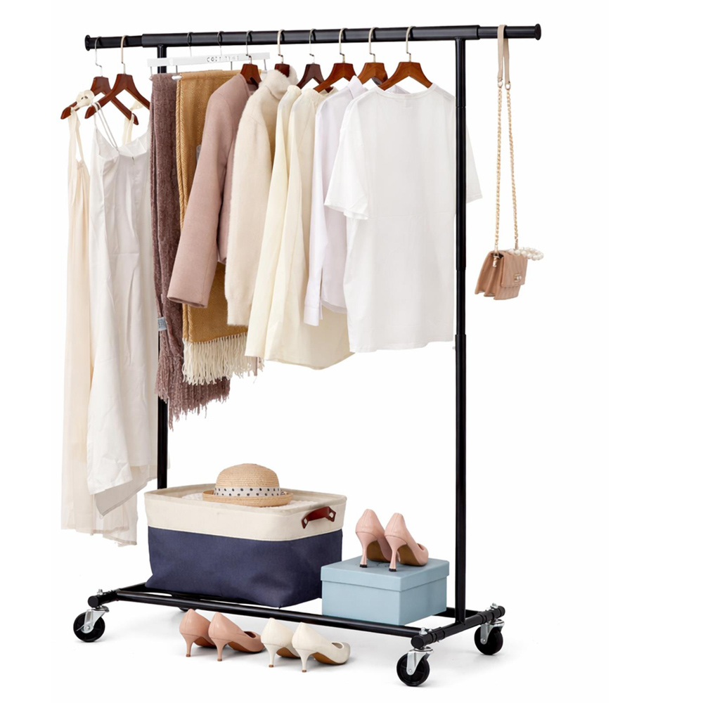 House Of Home Single Shelf Black Heavy-Duty Adjustable Rolling Clothes Rail Image 3