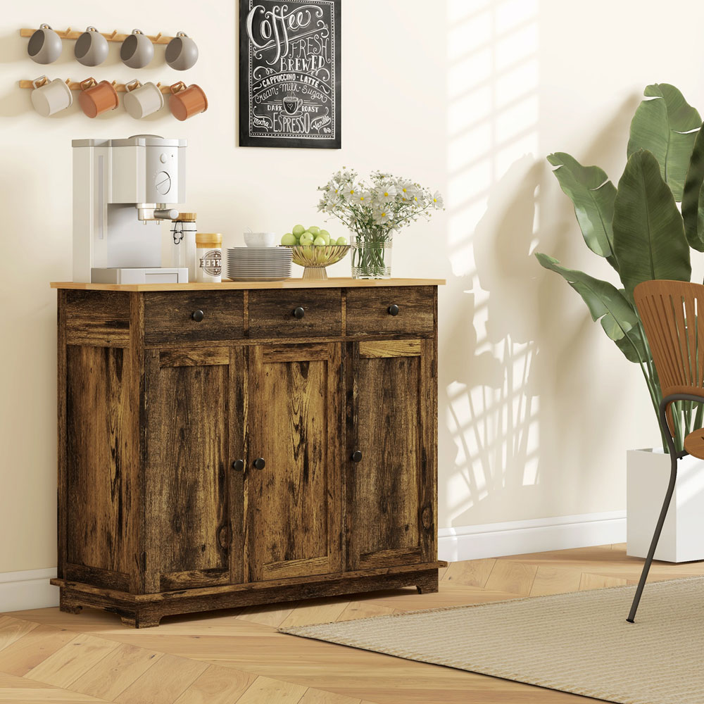 HOMCOM 3 Door 3 Drawer Brown Sideboard Storage Cabinet Image 4