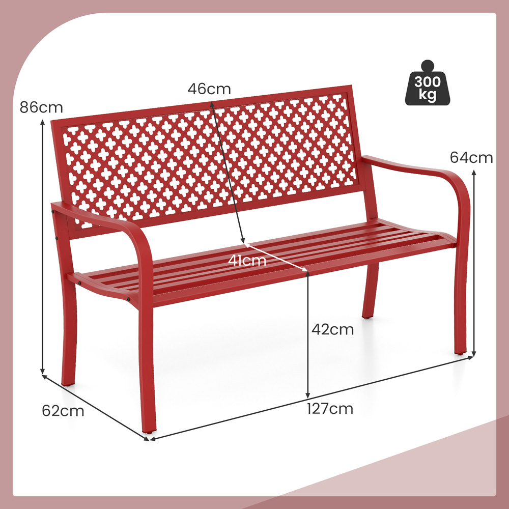 Costway 2 Seater Red Metal Garden Bench with Slatted Seat and Backrest Image 9