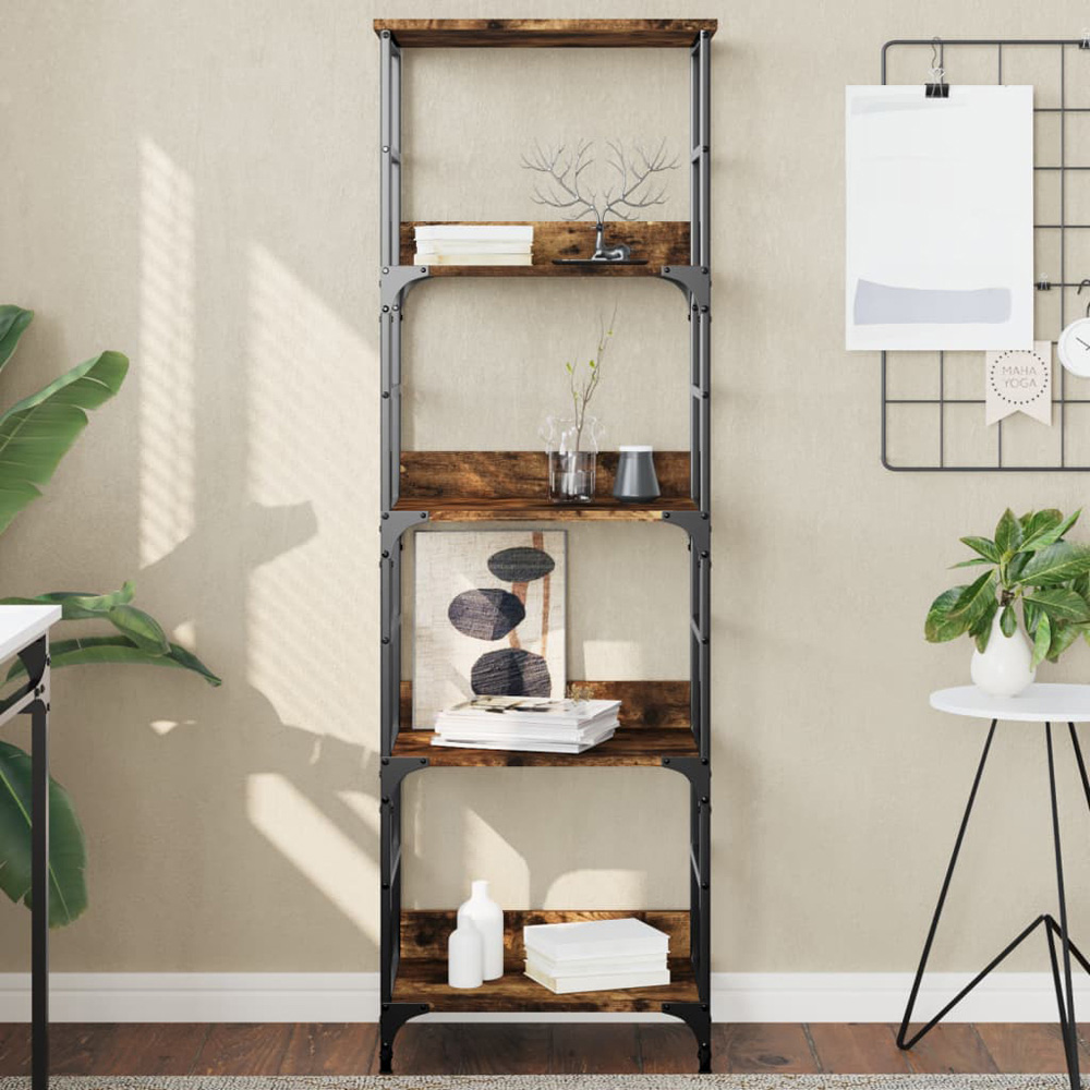 vidaXL 4 Shelf Smoked Oak Wood and Steel Bookcase Image 1