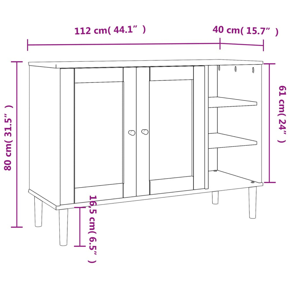 vidaXL Senja 2 Door 3 Shelf White Solid Pine Wood Rattan Look Sideboard Image 9