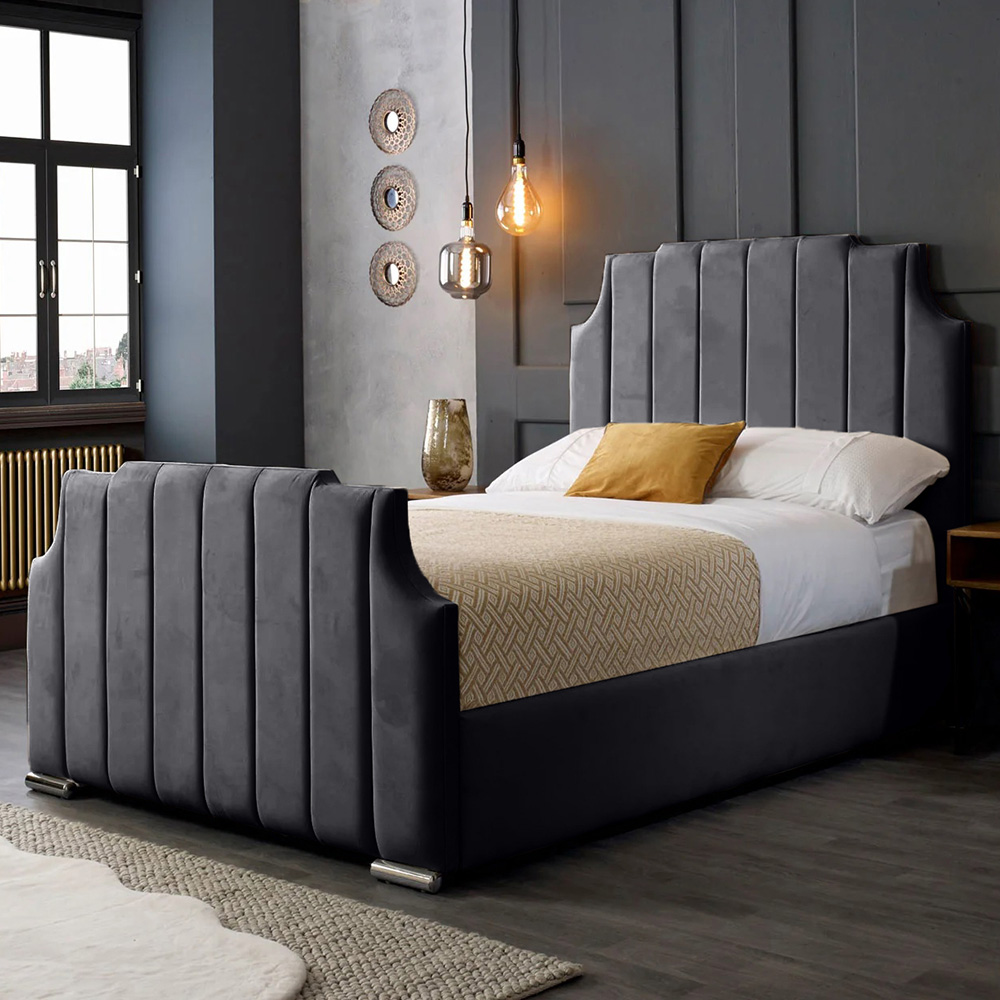 Eleganza Home Nelson King Size Steel Plush Velvet Bed Frame with Headboard Image 1