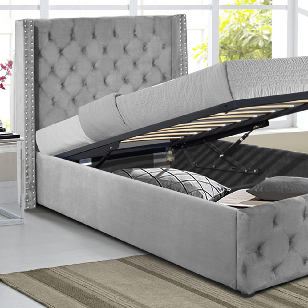 Comfy Living Single Light Grey Winged Plush Velvet Fabric Gas Lift Ottoman Bed Frame Image 2