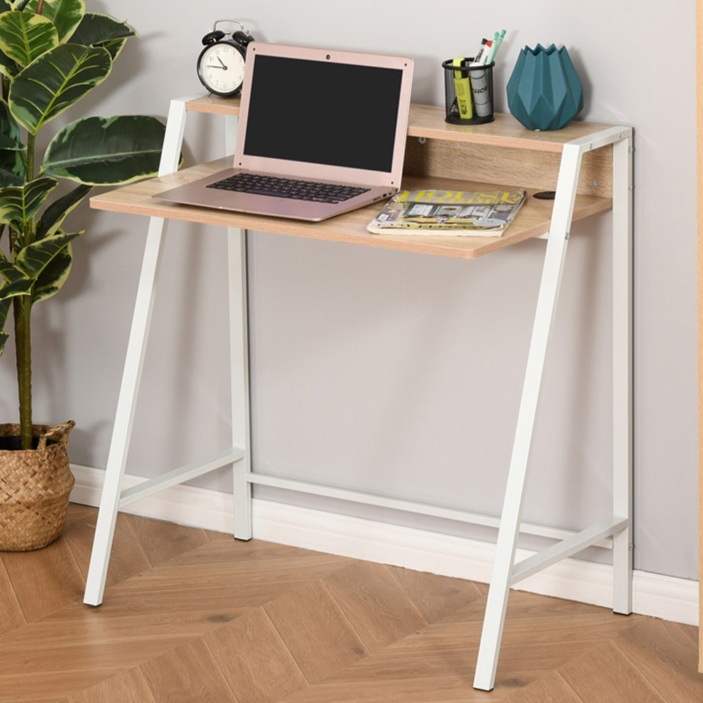 Portland 2 Tier Metal Frame Desk Oak Effect Image 1