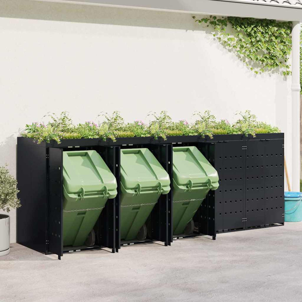 vidaXL Black 5 Wheelie Bin Storage Shed with Planter Roof Image 2