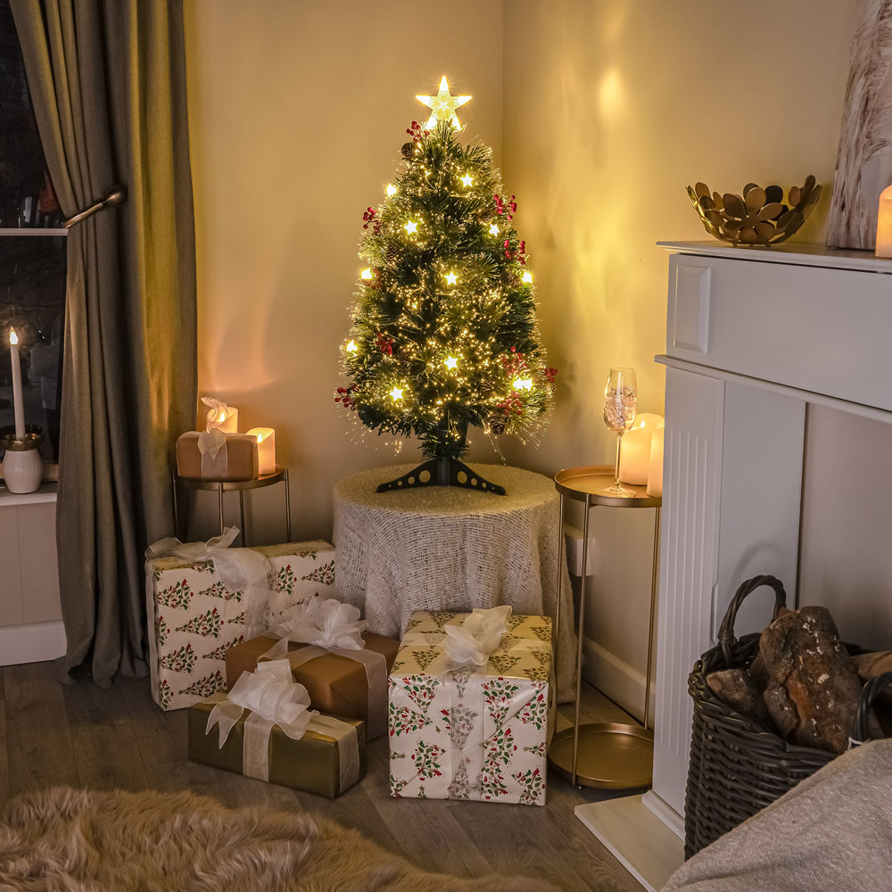 The Christmas Centre 12 Warm White LED Green Fibre Optic Artificial Xmas Tree with Berries Cones 3ft Image 8