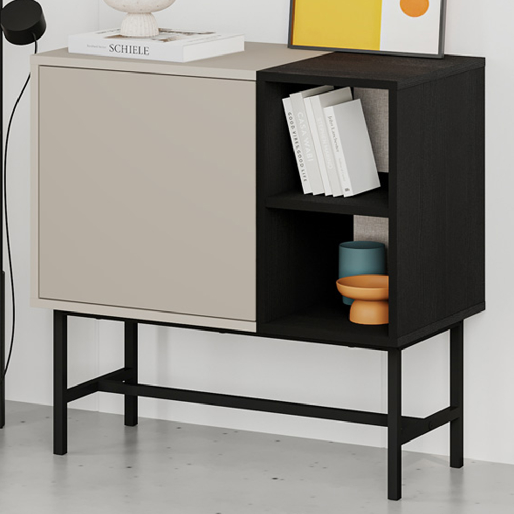 Decortie Mona Single Door 2 Shelf Sandstone and Black Wood Mini Console Table Image 1