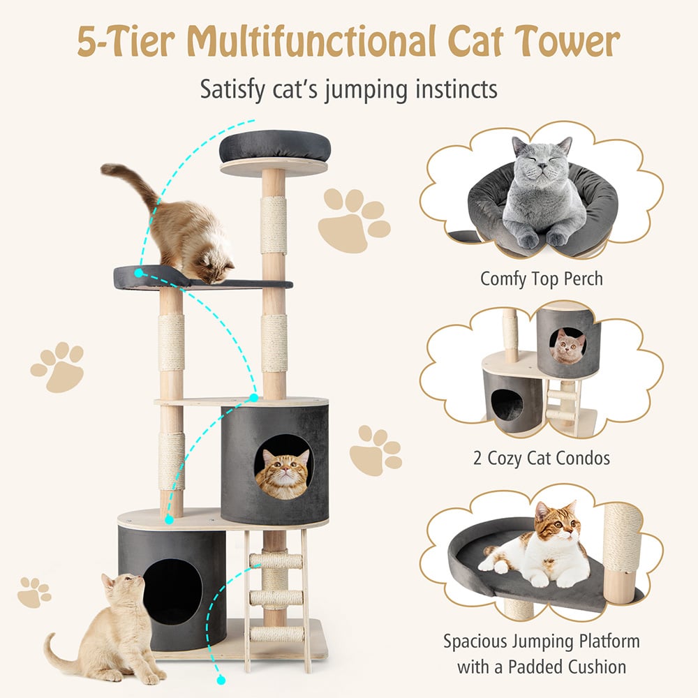 Costway Grey Cat Tree Tower with Cat Condo Image 4