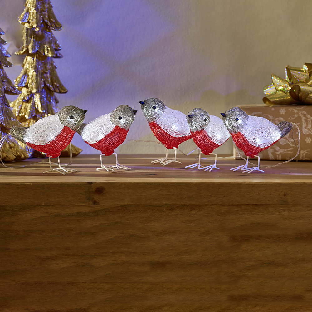 Wilko Battery Operated Acrylic Light Up Robins Set Of 5 Image 5