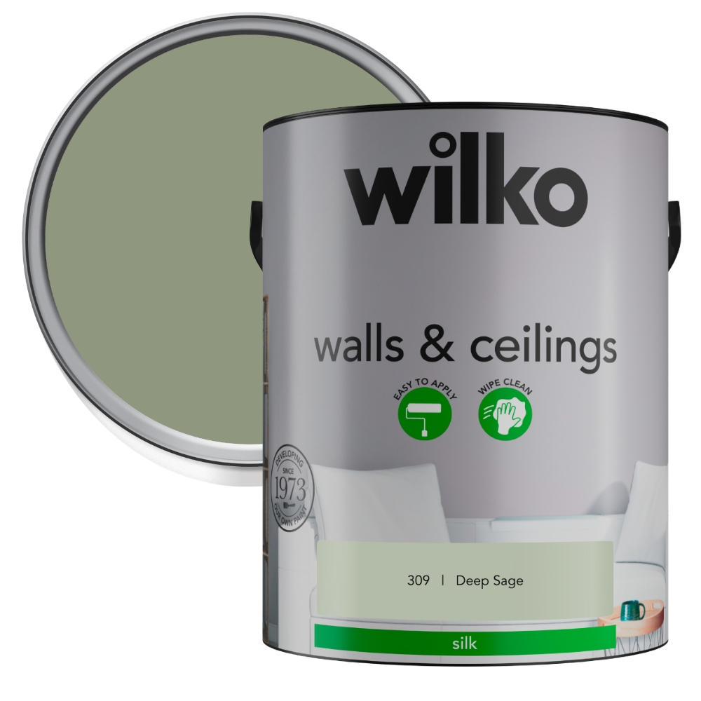 Wilko Walls & Ceilings Deep Sage Silk Emulsion Paint 5L Image 1