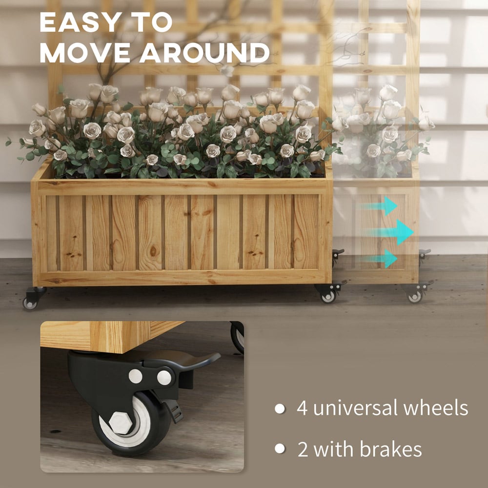 Outsunny Wooden Raised Garden Bed Trellis Planter with Wheels and Bed Liner Image 6