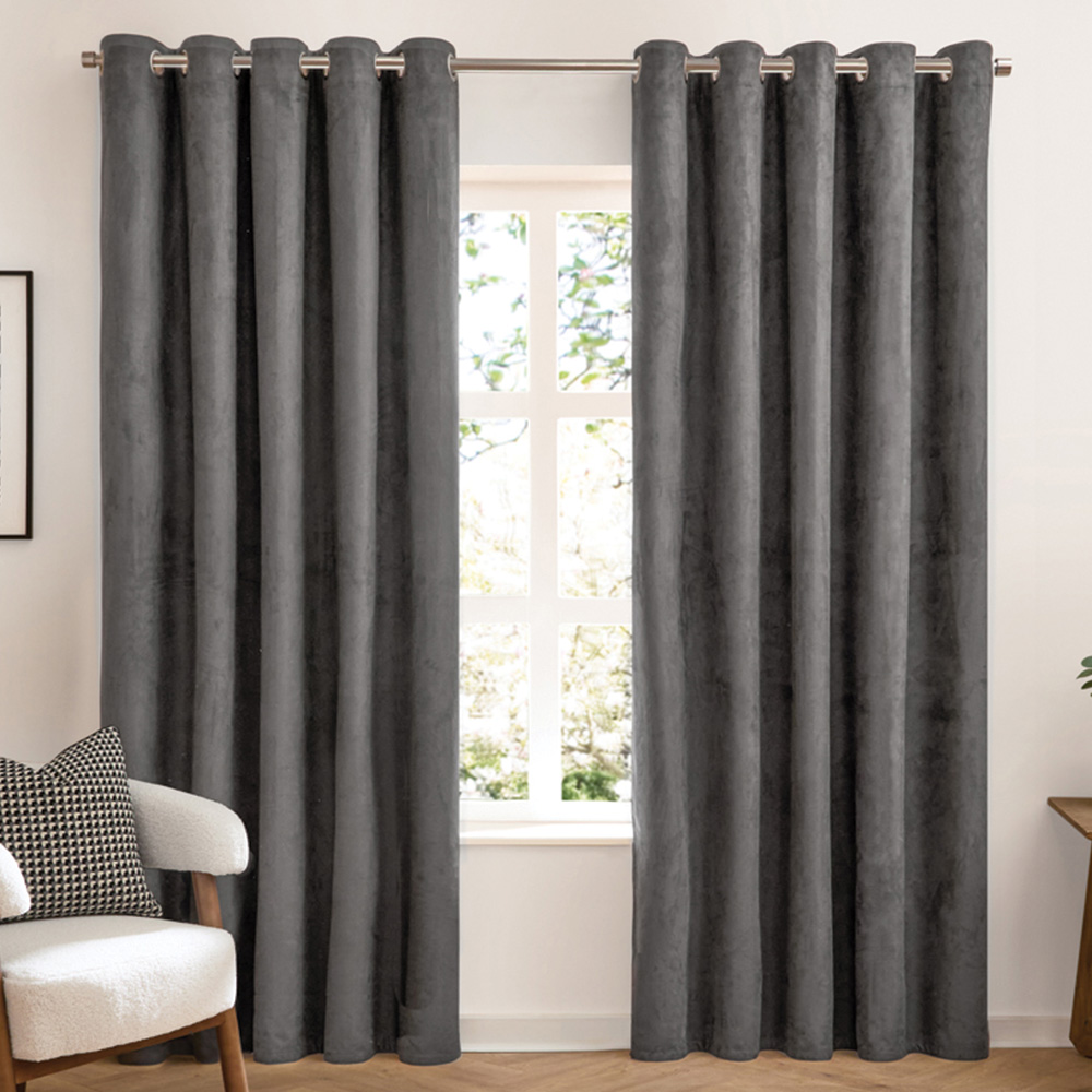 Furn Verso Charcoal Reversible Suede-Look Blackout Eyelet Curtains 168 x 137cm Image 1