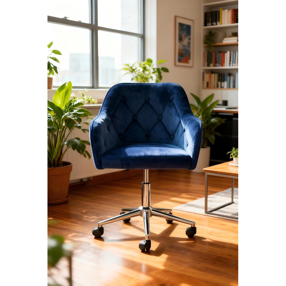 Alivio Blue Velvet Height Adjustable Swivel Tufted Office Chair with Wheels Image 3