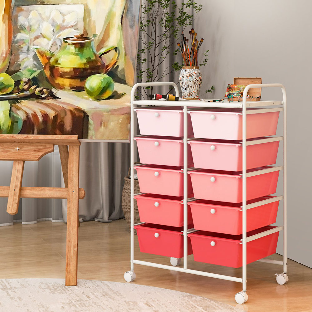 Costway 10 Drawer Pink Storage Rolling Cart Image 4