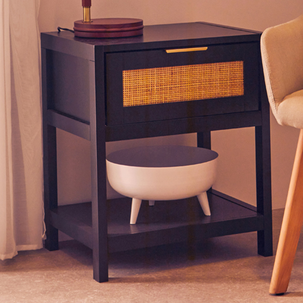 Premier Housewares Sherman Single Drawer Black Wooden and Rattan Bedside Table Image 1