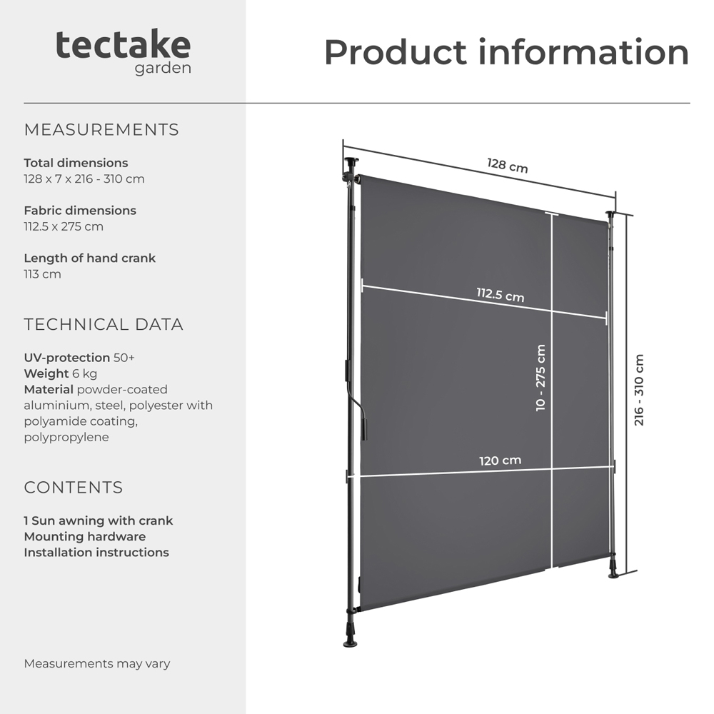 tectake Taija Dark Grey Retractable Awning with Hand Crank 3.1 x 1.28m Image 8