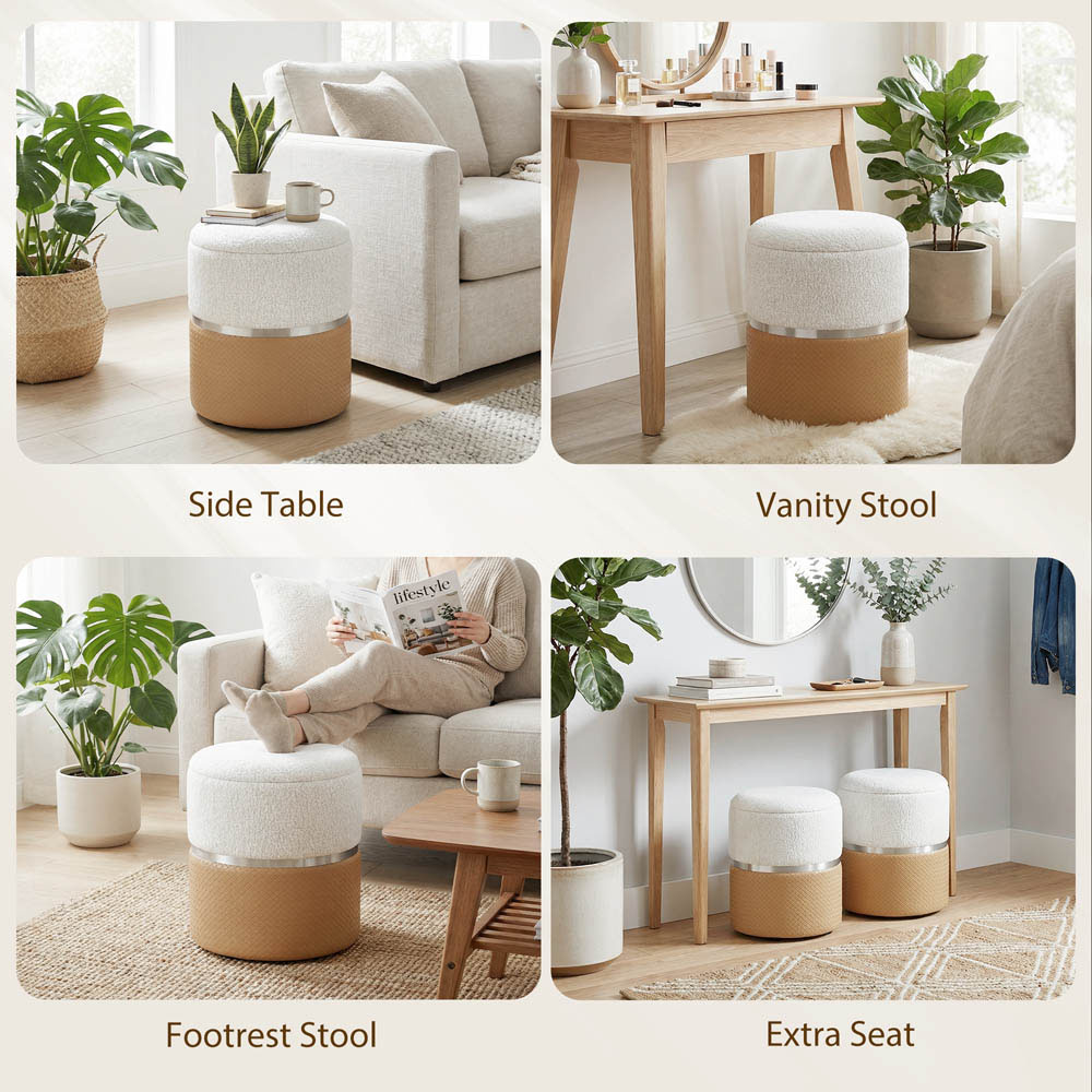 Portland Cream and Brown Round Ottoman Footstool Set of 2 Image 5