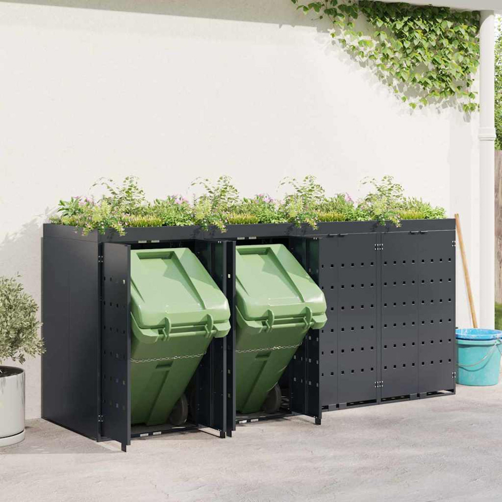 vidaXL Anthracite 4 Wheelie Bin Storage Shed with Planter Roof Image 2